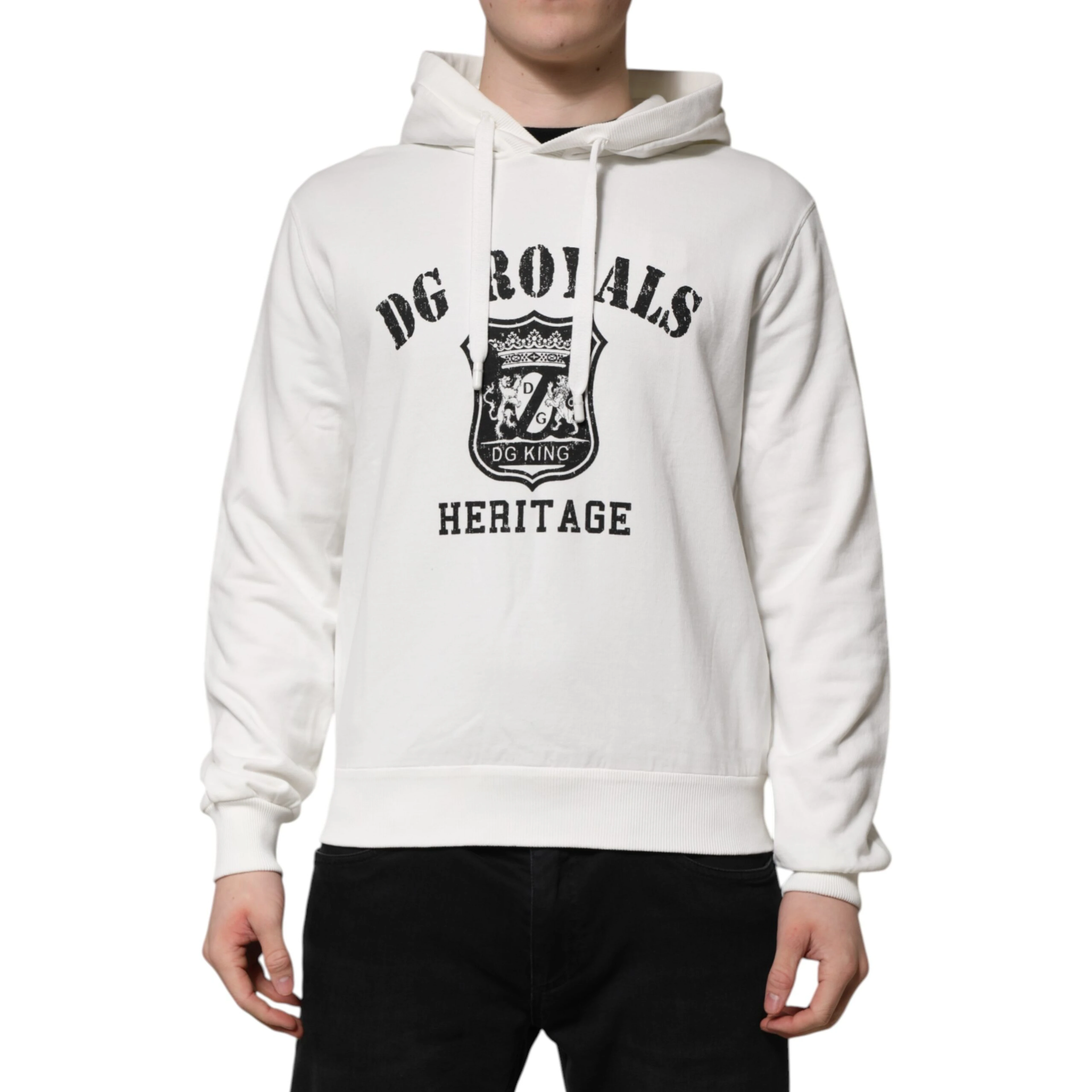 White Cotton DG ROYAL Print Hooded Sweater