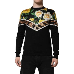 Black Silk Floral Crew Neck Pullover Sweater