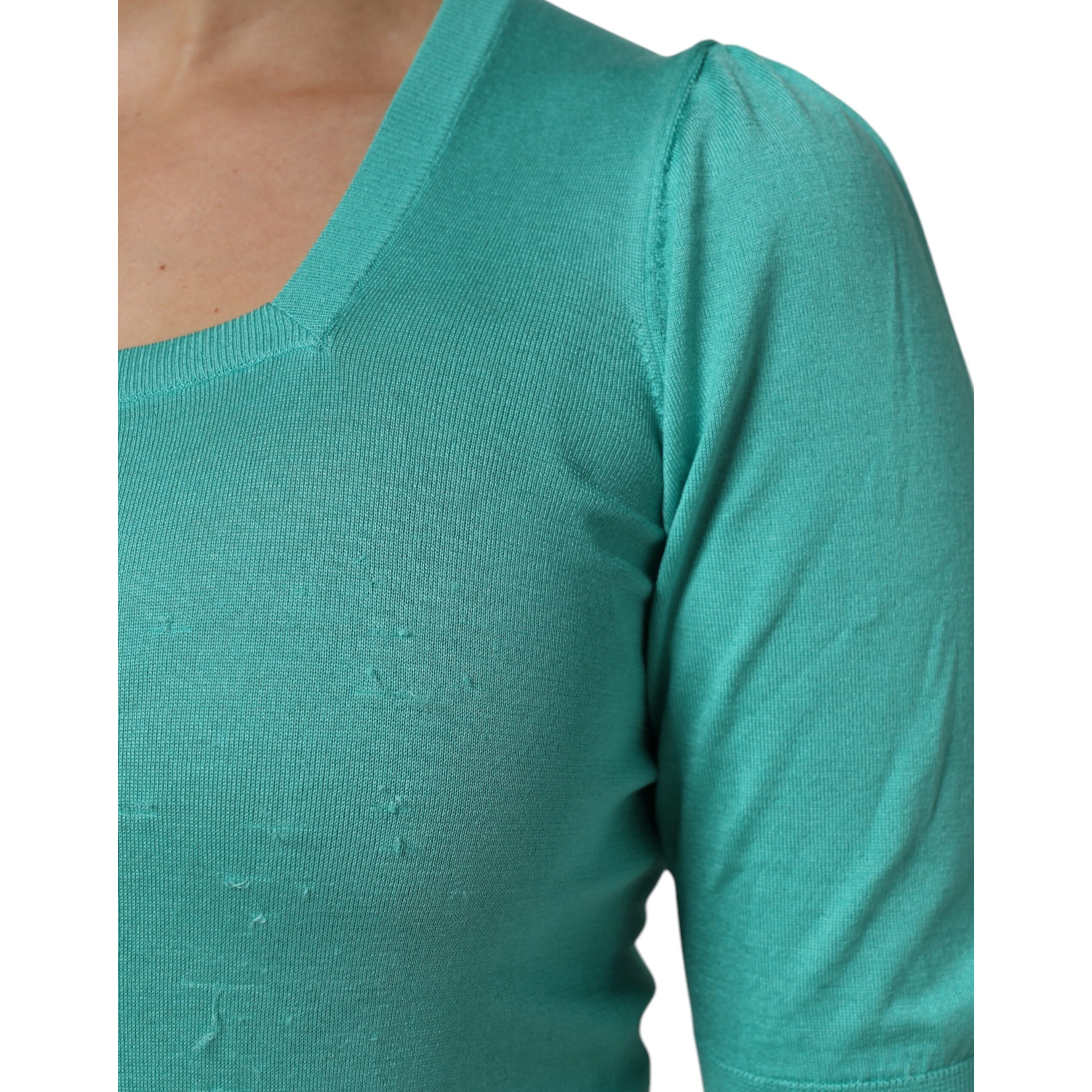 Aqua Blue Silk Short Sleeves Square Neck Top