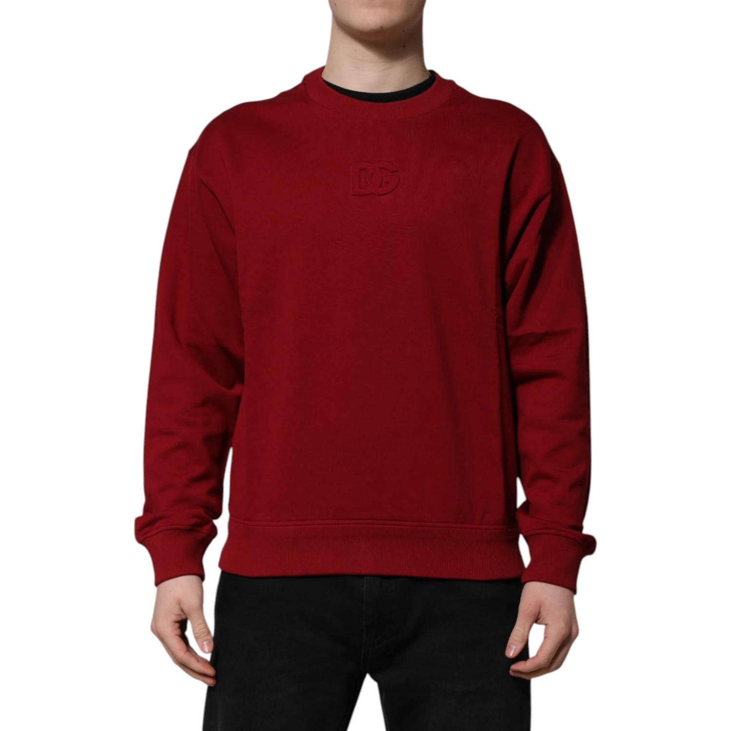 Red Embossed Logo Cotton Crew Neck Sweater