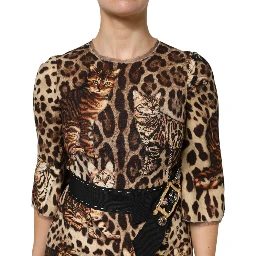 Brown Leopard Print Belted A-line Midi Dress