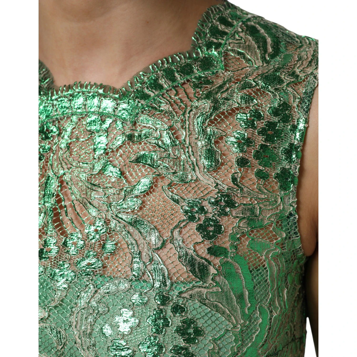 Green Cotton Floral Lace Sheath Midi Dress