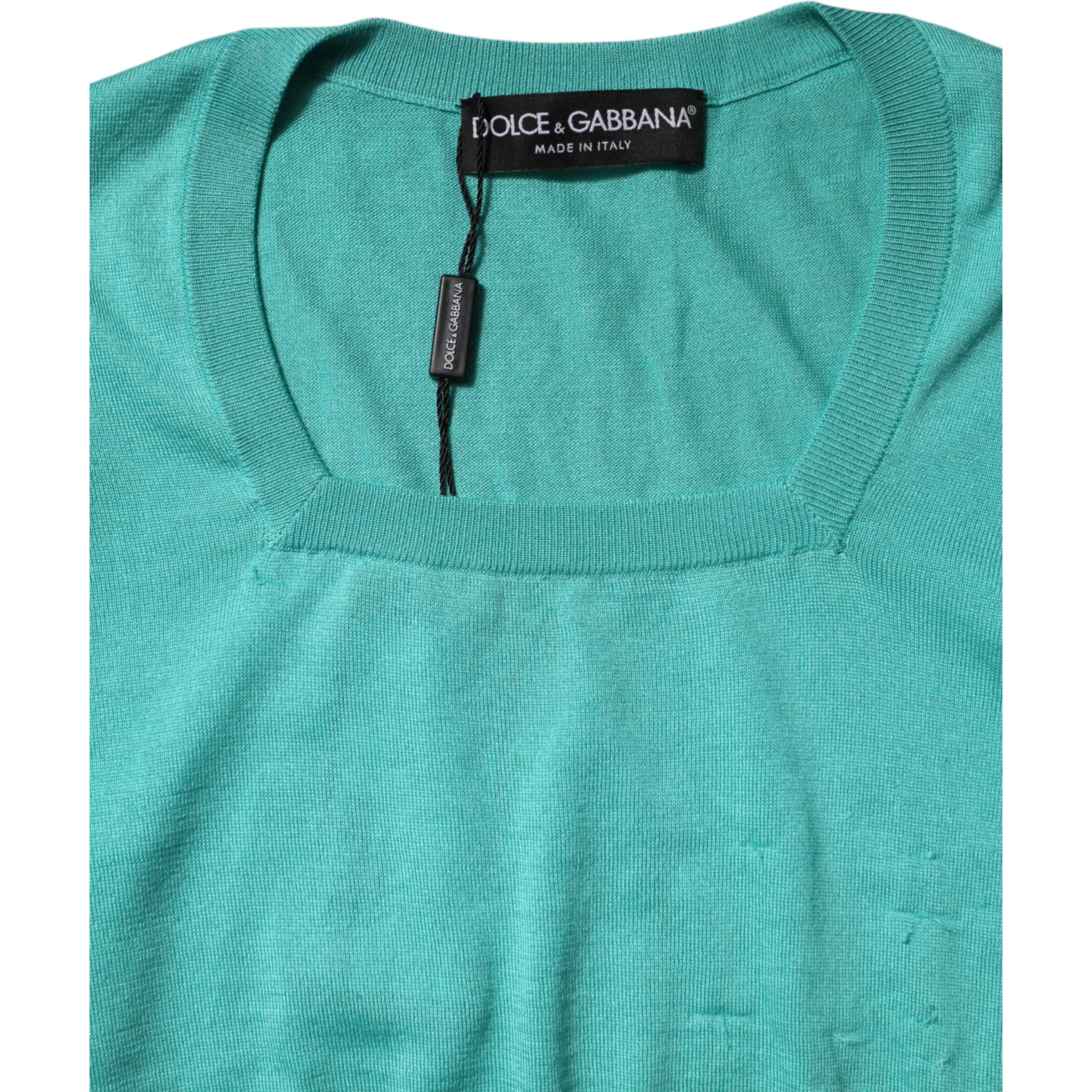 Aqua Blue Silk Short Sleeves Square Neck Top