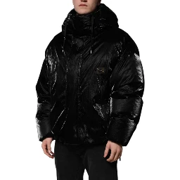 Black Logo Full Zip Hooded Quilted Jacket