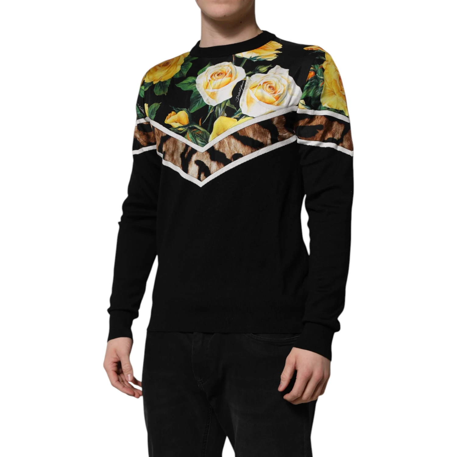 Black Silk Floral Crew Neck Pullover Sweater