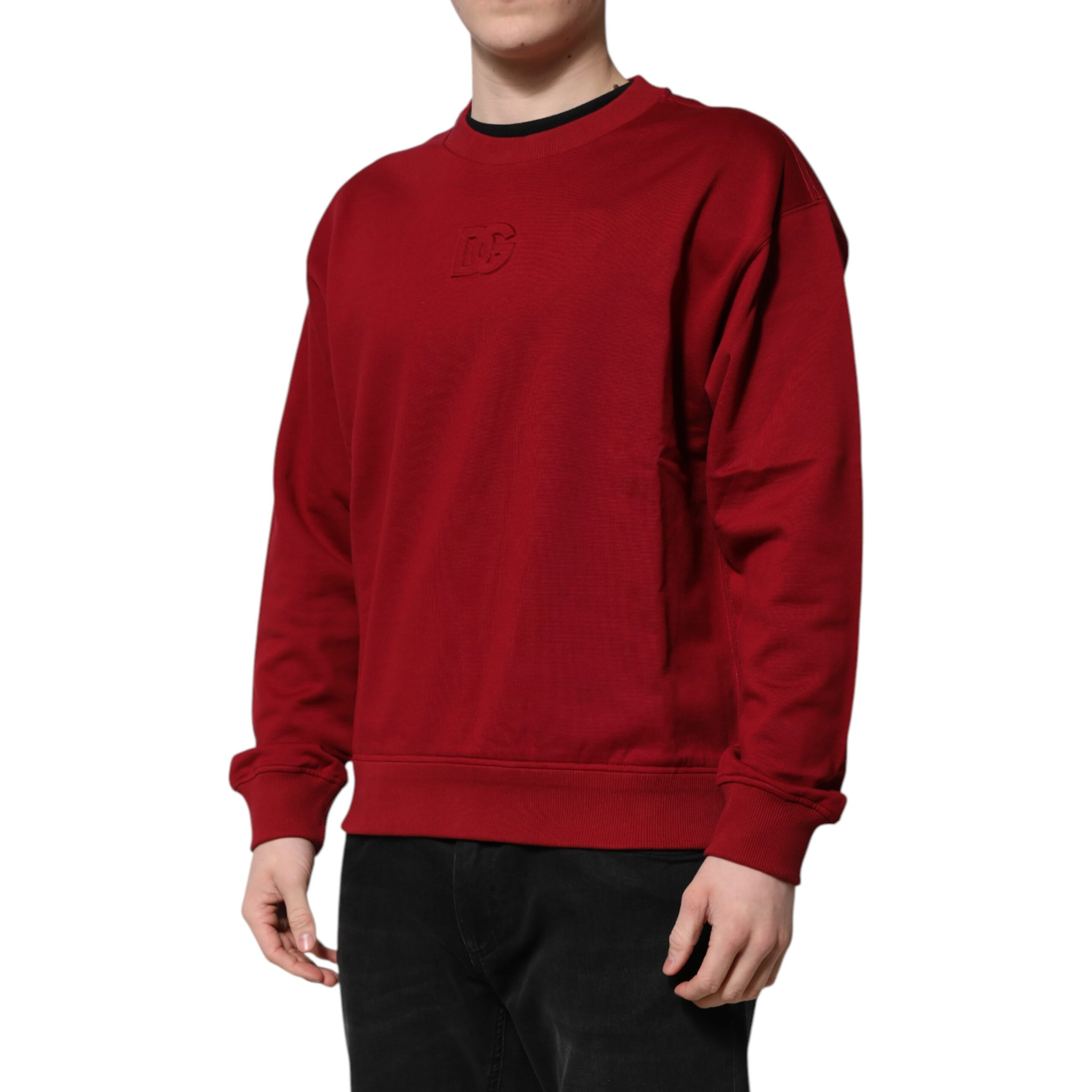 Red Embossed Logo Cotton Crew Neck Sweater