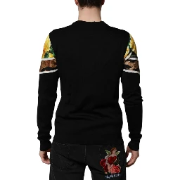 Black Silk Floral Crew Neck Pullover Sweater