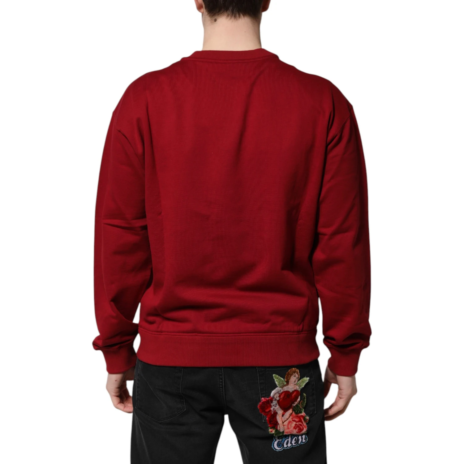 Red Embossed Logo Cotton Crew Neck Sweater