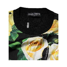 Black Silk Floral Crew Neck Pullover Sweater