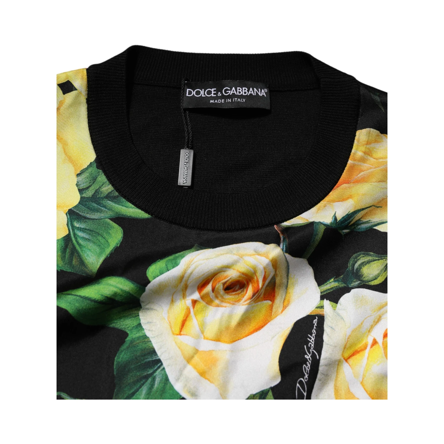 Black Silk Floral Crew Neck Pullover Sweater