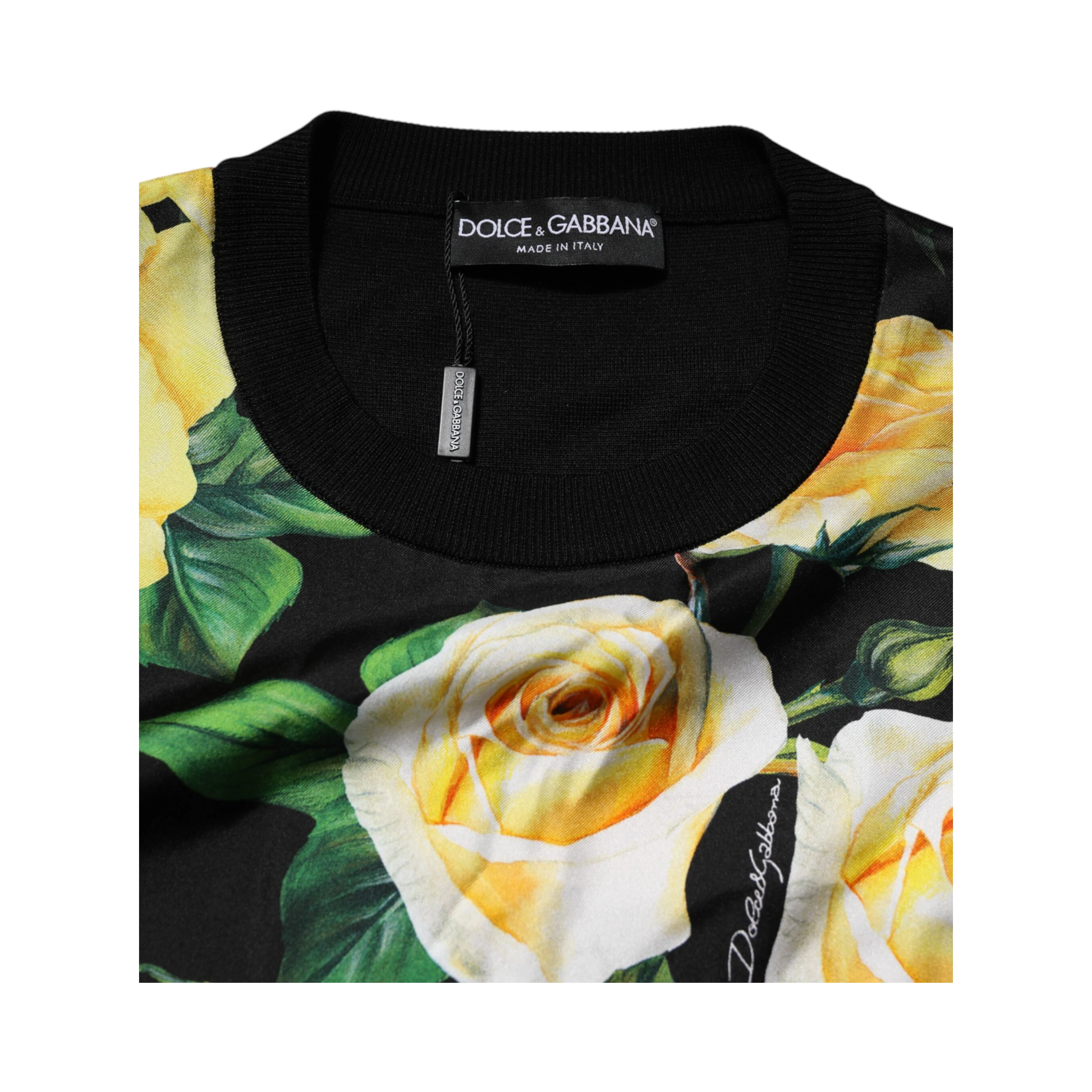 Black Silk Floral Crew Neck Pullover Sweater