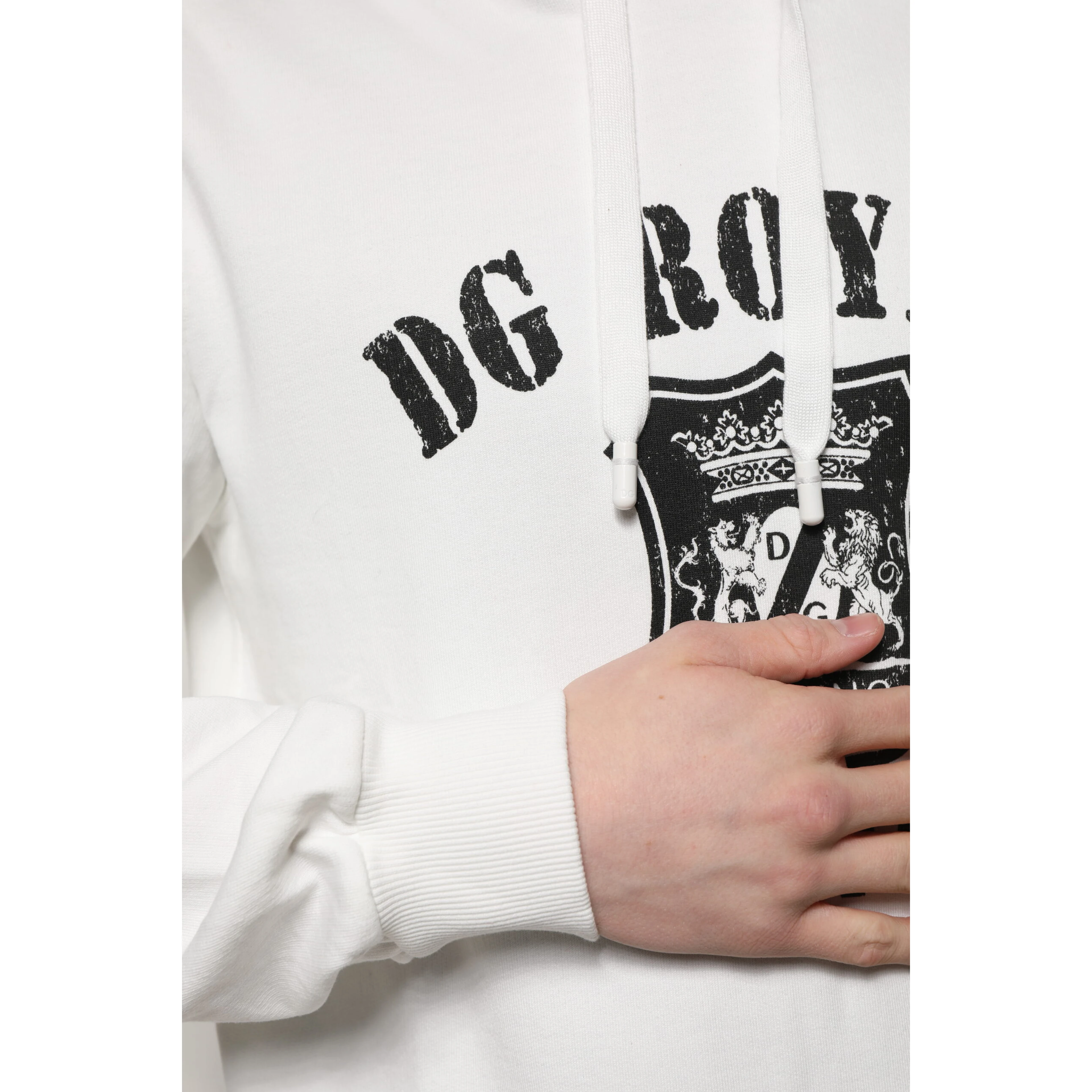 White Cotton DG ROYAL Print Hooded Sweater