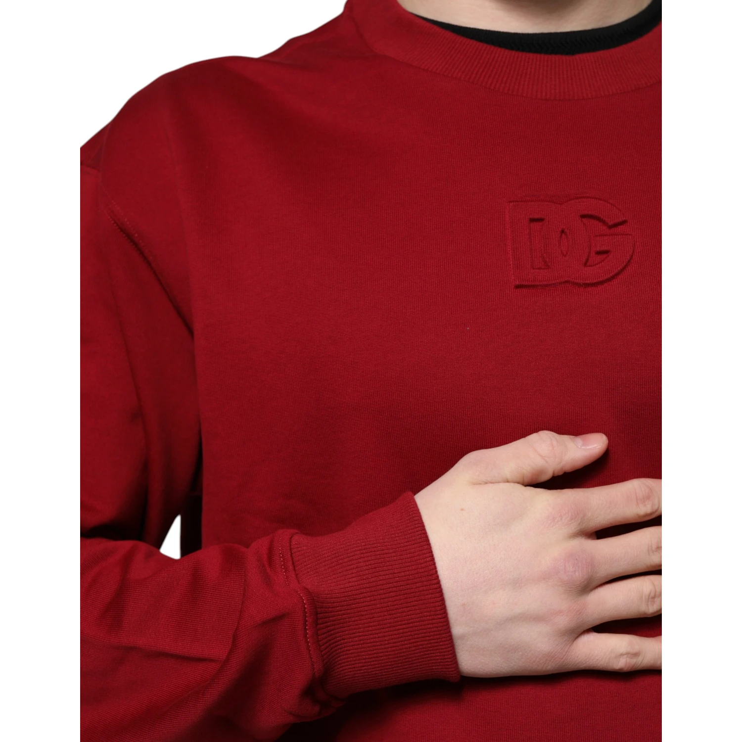 Red Embossed Logo Cotton Crew Neck Sweater