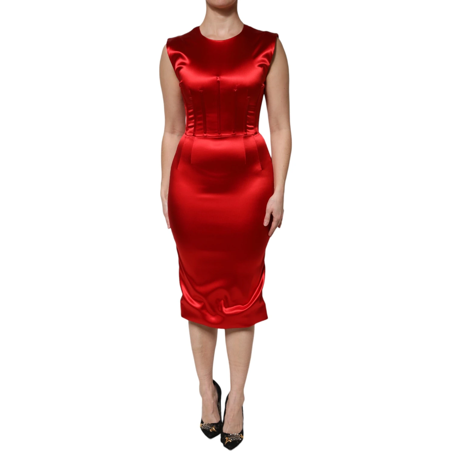 Red Acetate Sleeveless Sheath Midi Dress