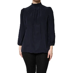 Blue Silk Mock Neck Long Sleeves Blouse Top