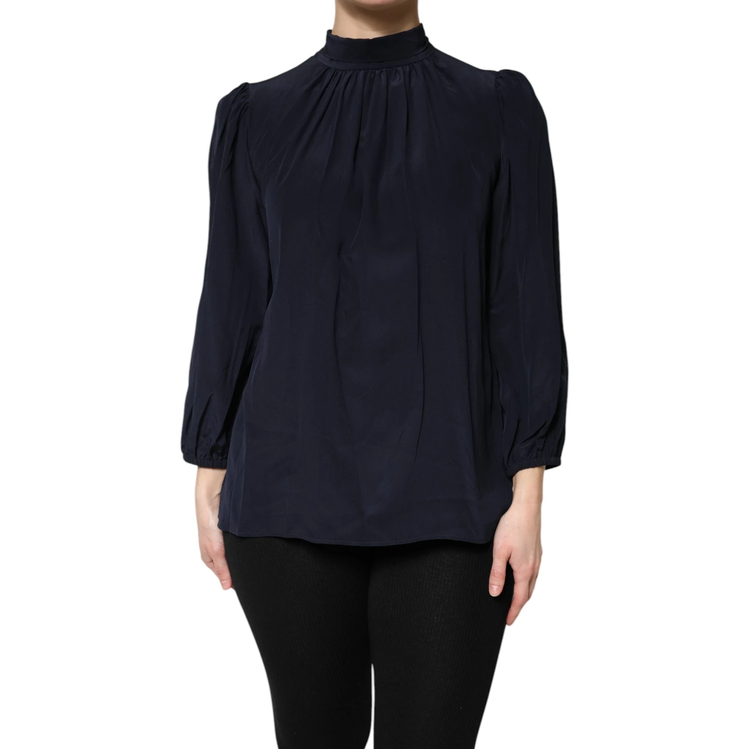Blue Silk Mock Neck Long Sleeves Blouse Top