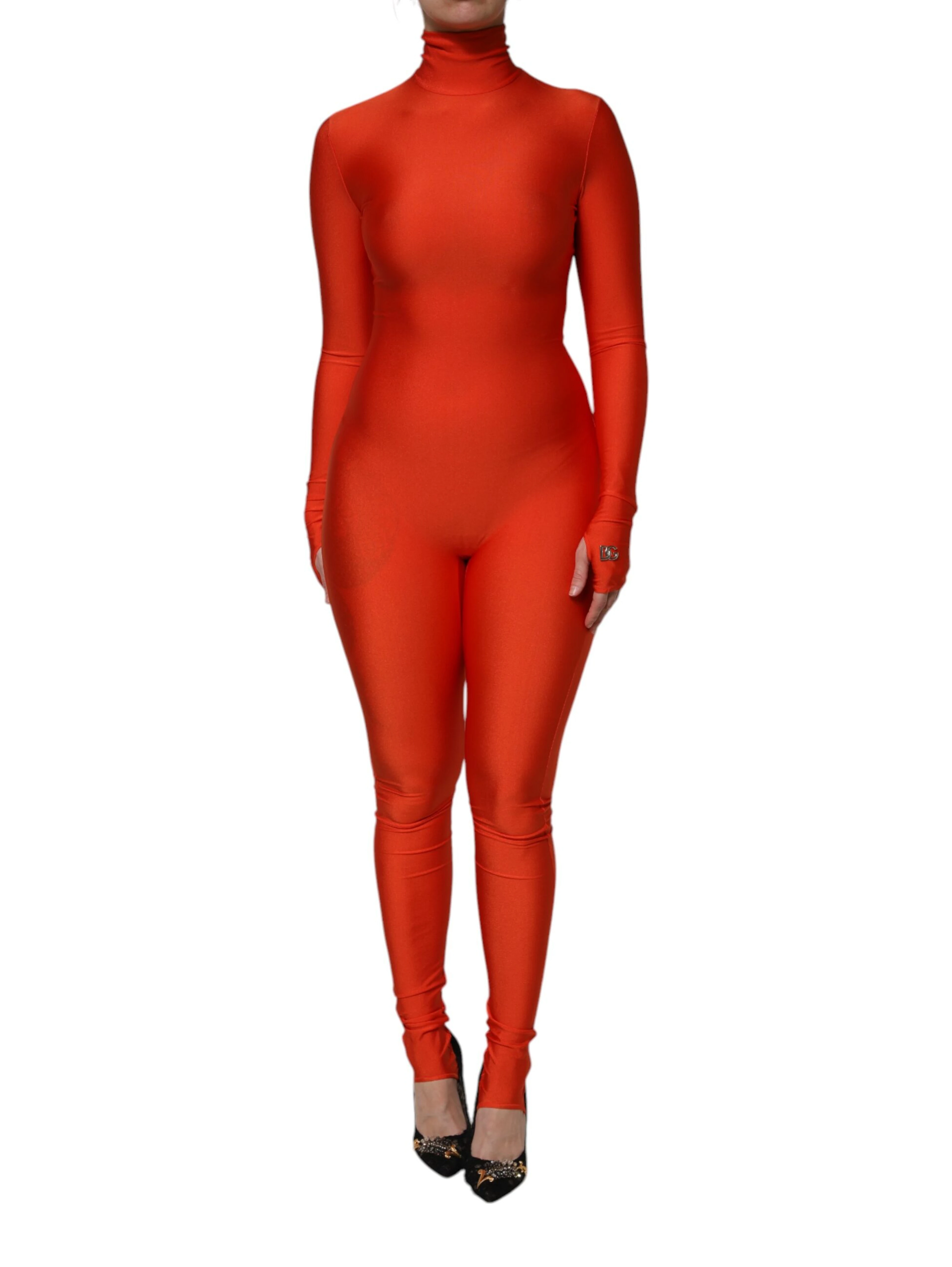 Red Nylon Turtleneck Bodycon Jumpsuit Dress