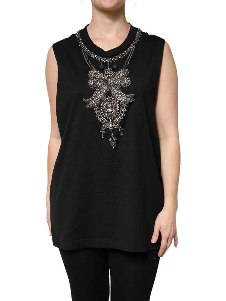 Black Cotton Rhinestone Embellished Tank Top