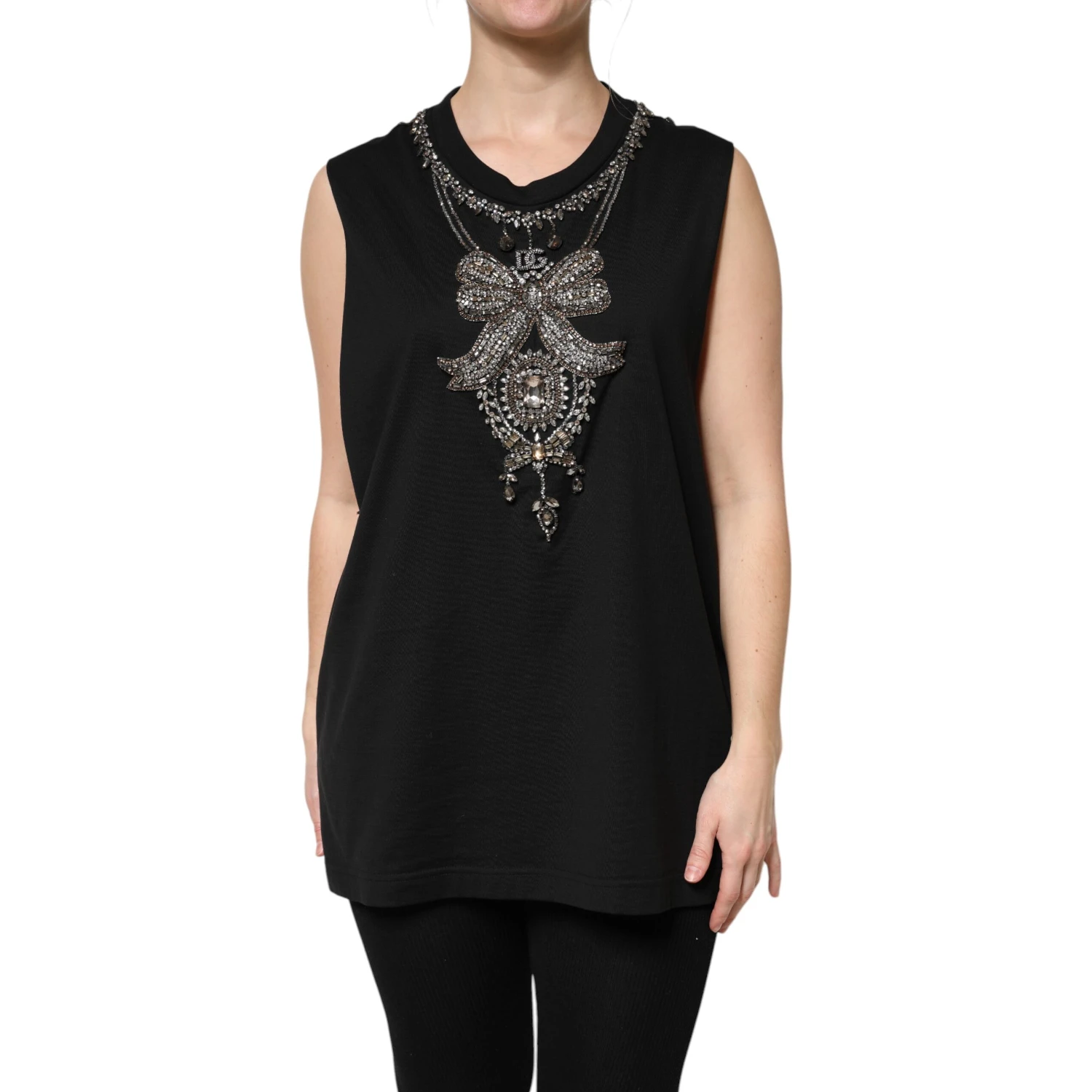 Black Cotton Rhinestone Embellished Tank Top