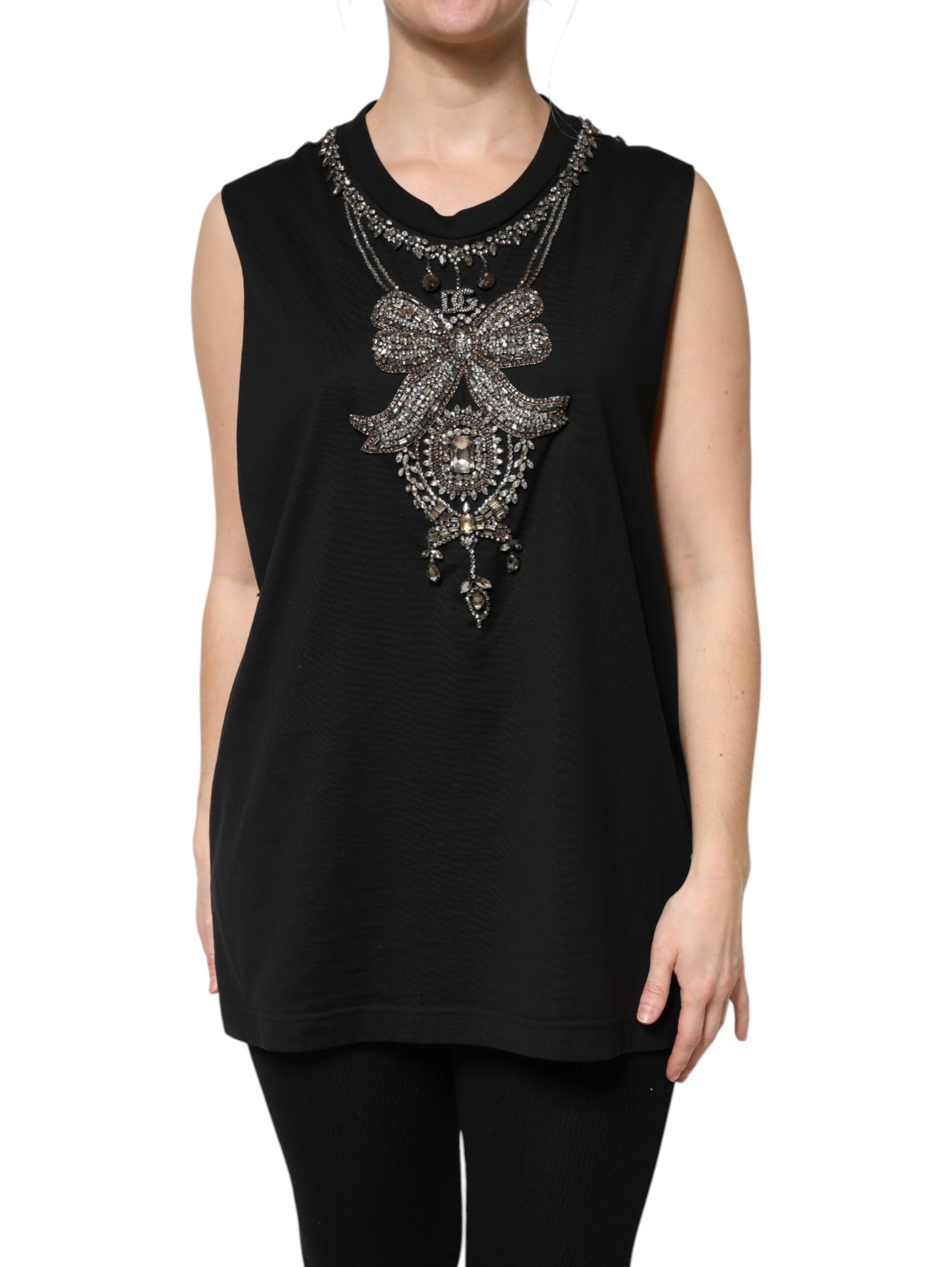Black Cotton Rhinestone Embellished Tank Top