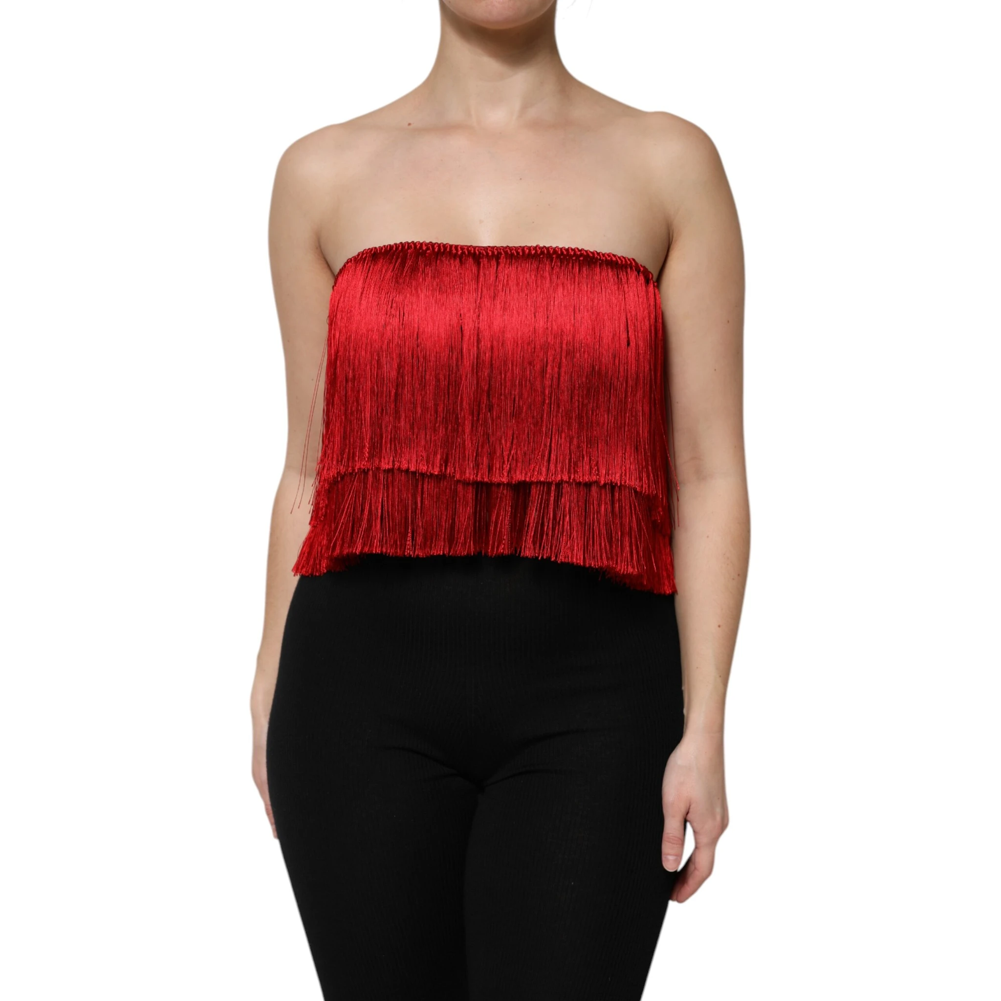 Red Silk Strapless Fringe Crop Tube Top