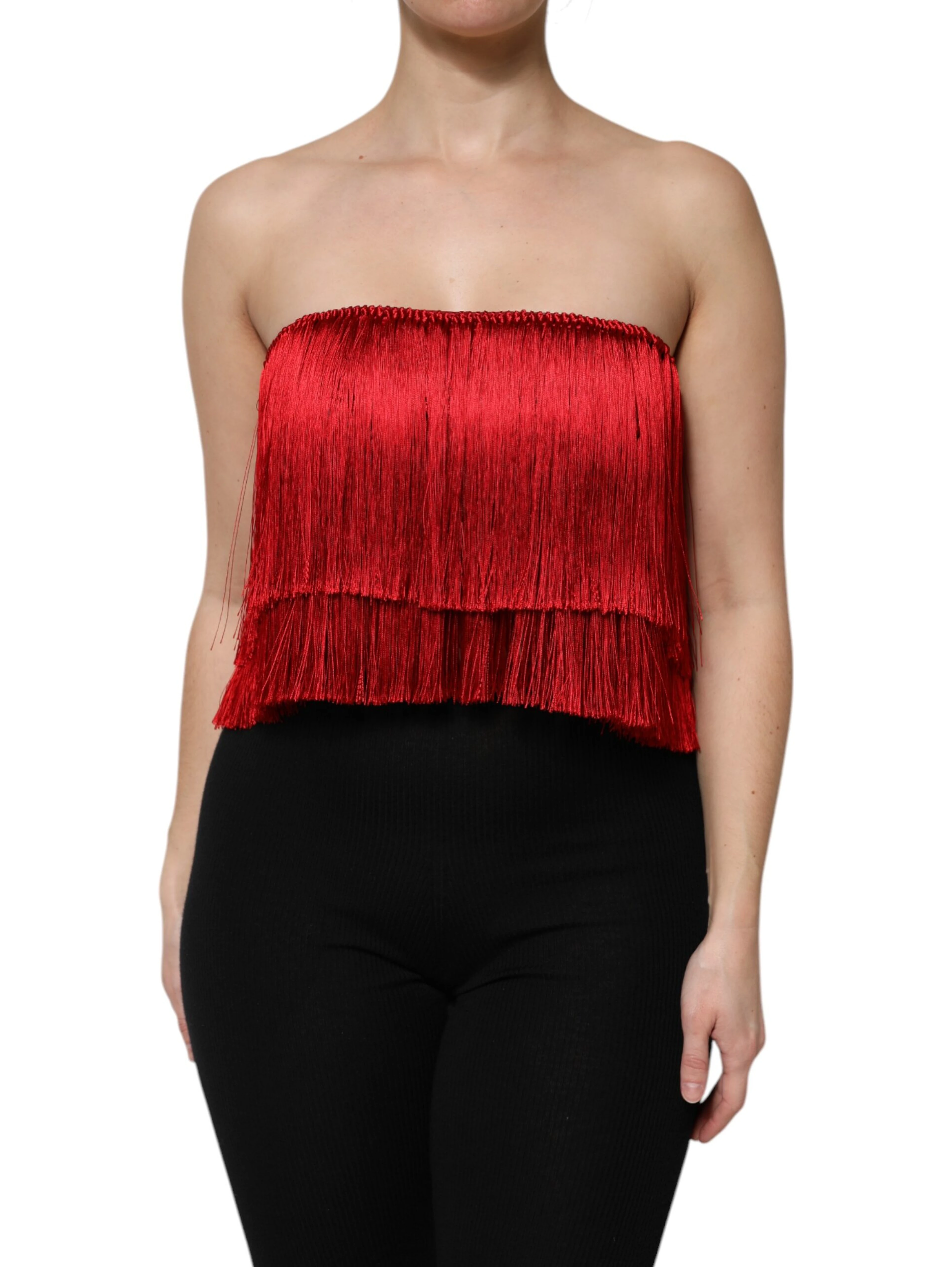 Red Silk Strapless Fringe Crop Tube Top