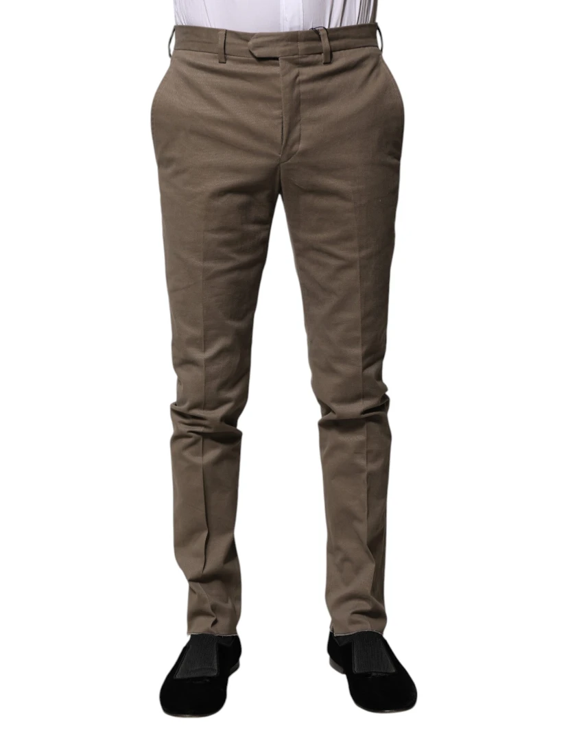 Brown Cotton Tapered Formal Dress Pants