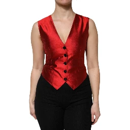 Red Black Button Down Sleeveless Vest Top