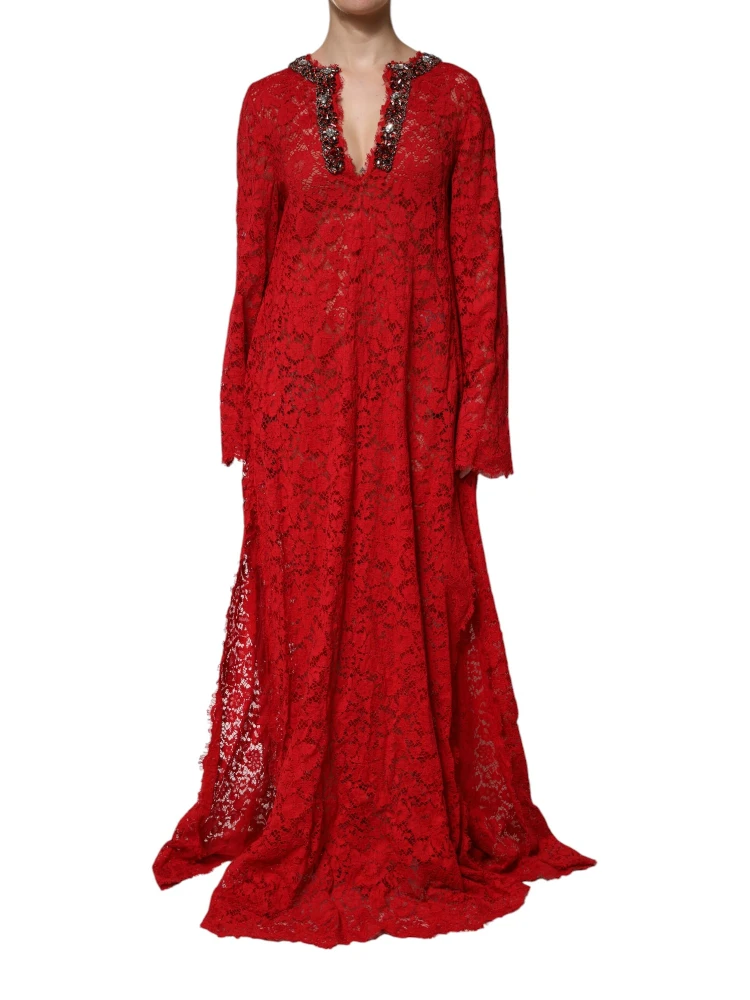 Red Floral Lace Rhinestone Embellished Dress
