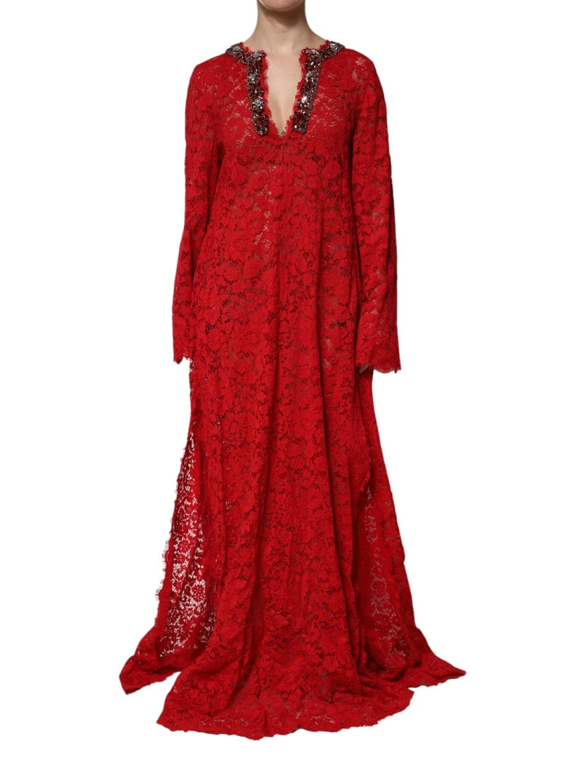 Red Floral Lace Rhinestone Embellished Dress