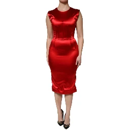 Red Acetate Sleeveless Sheath Midi Dress