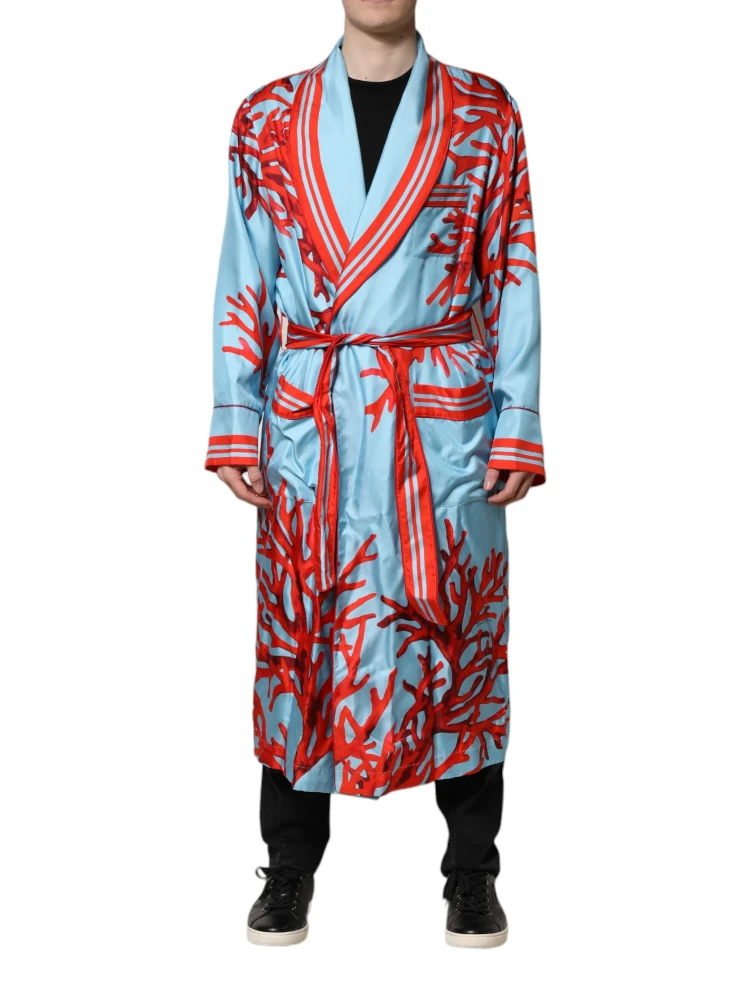 Blue Red Coral Print Wrap Robe Coat Jacket