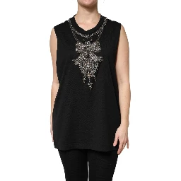 Black Cotton Rhinestone Embellished Tank Top