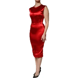 Red Acetate Sleeveless Sheath Midi Dress