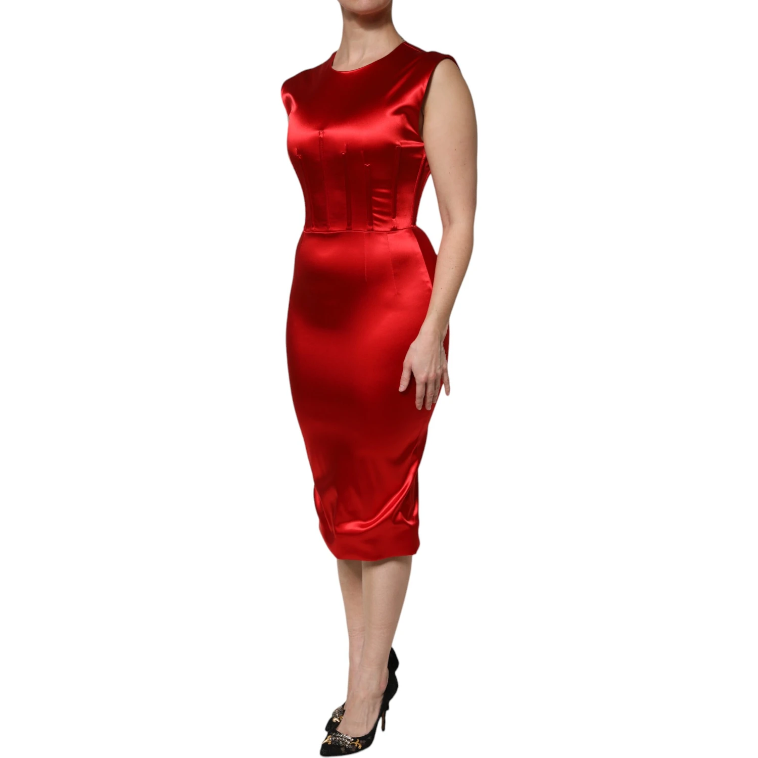 Red Acetate Sleeveless Sheath Midi Dress