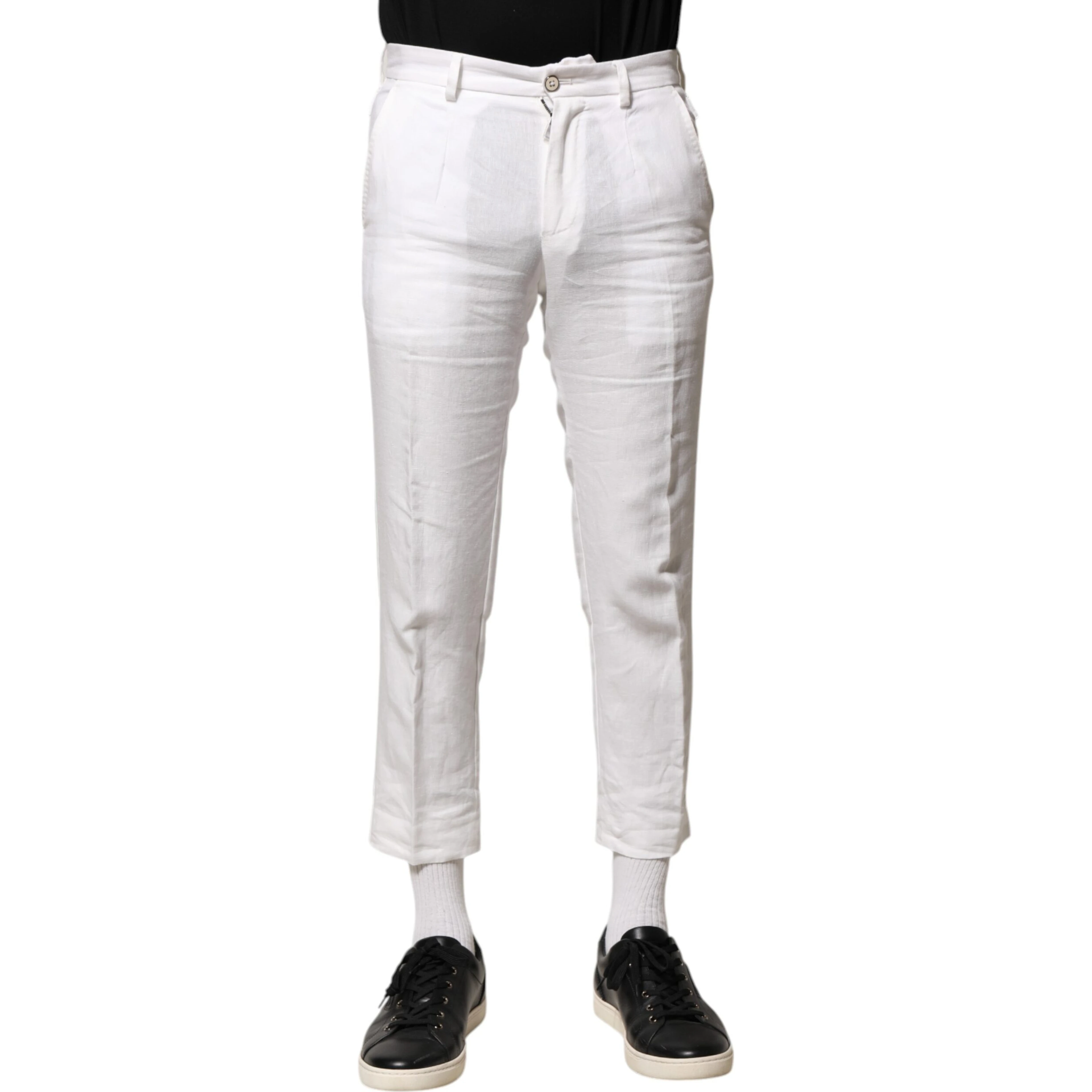 White Linen Mid Waist Cropped Pants