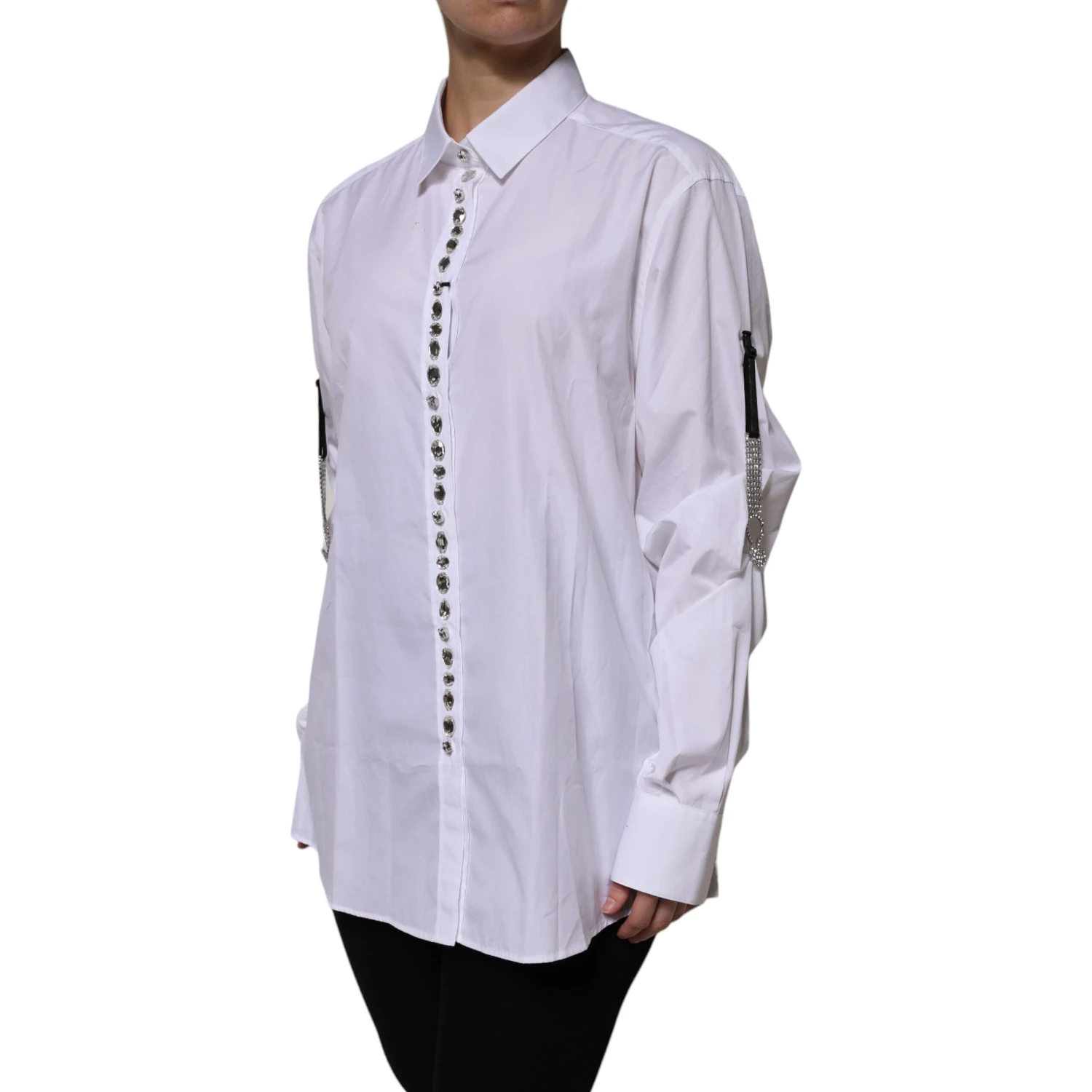 White Rhinestone Embellish Long Sleeves Top