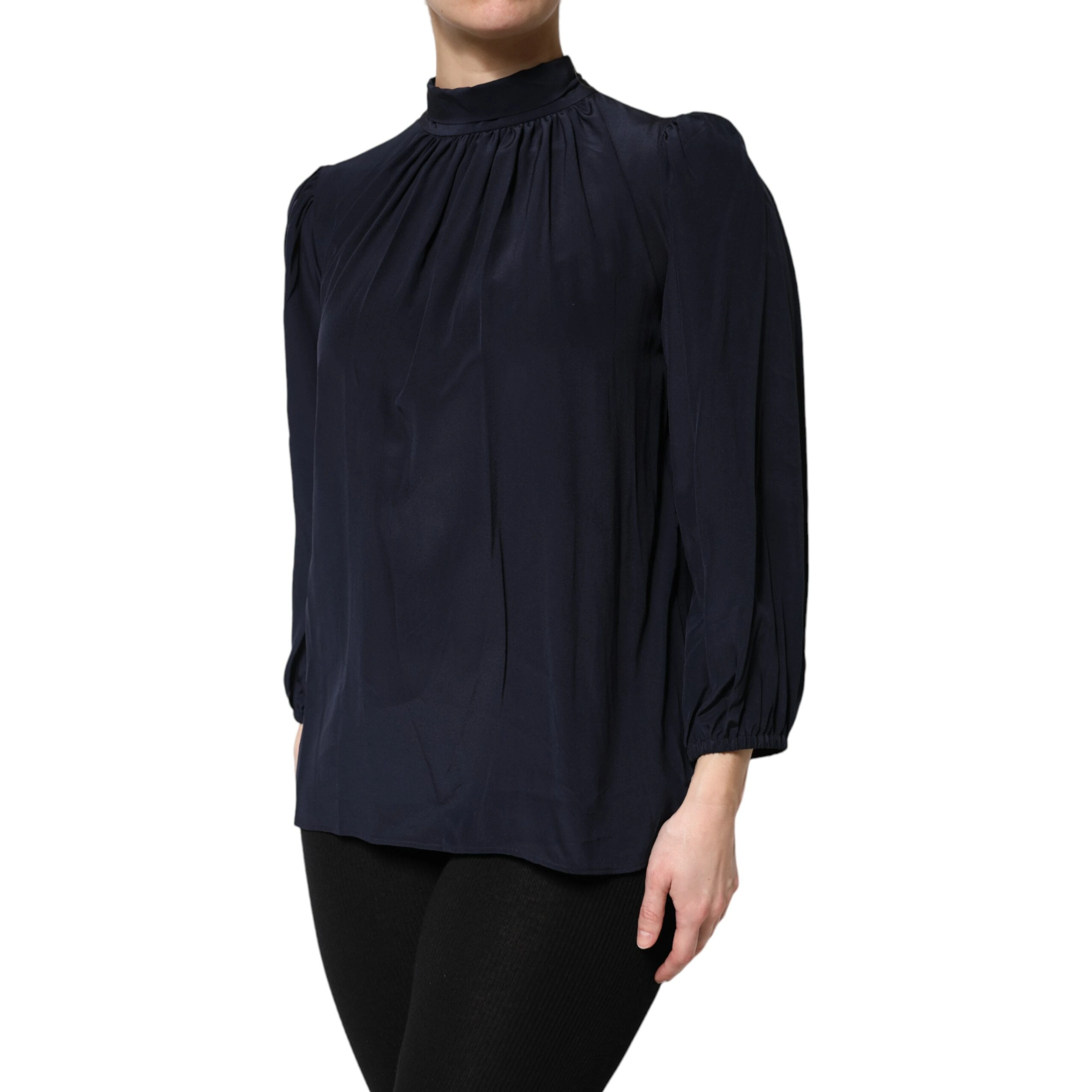Blue Silk Mock Neck Long Sleeves Blouse Top