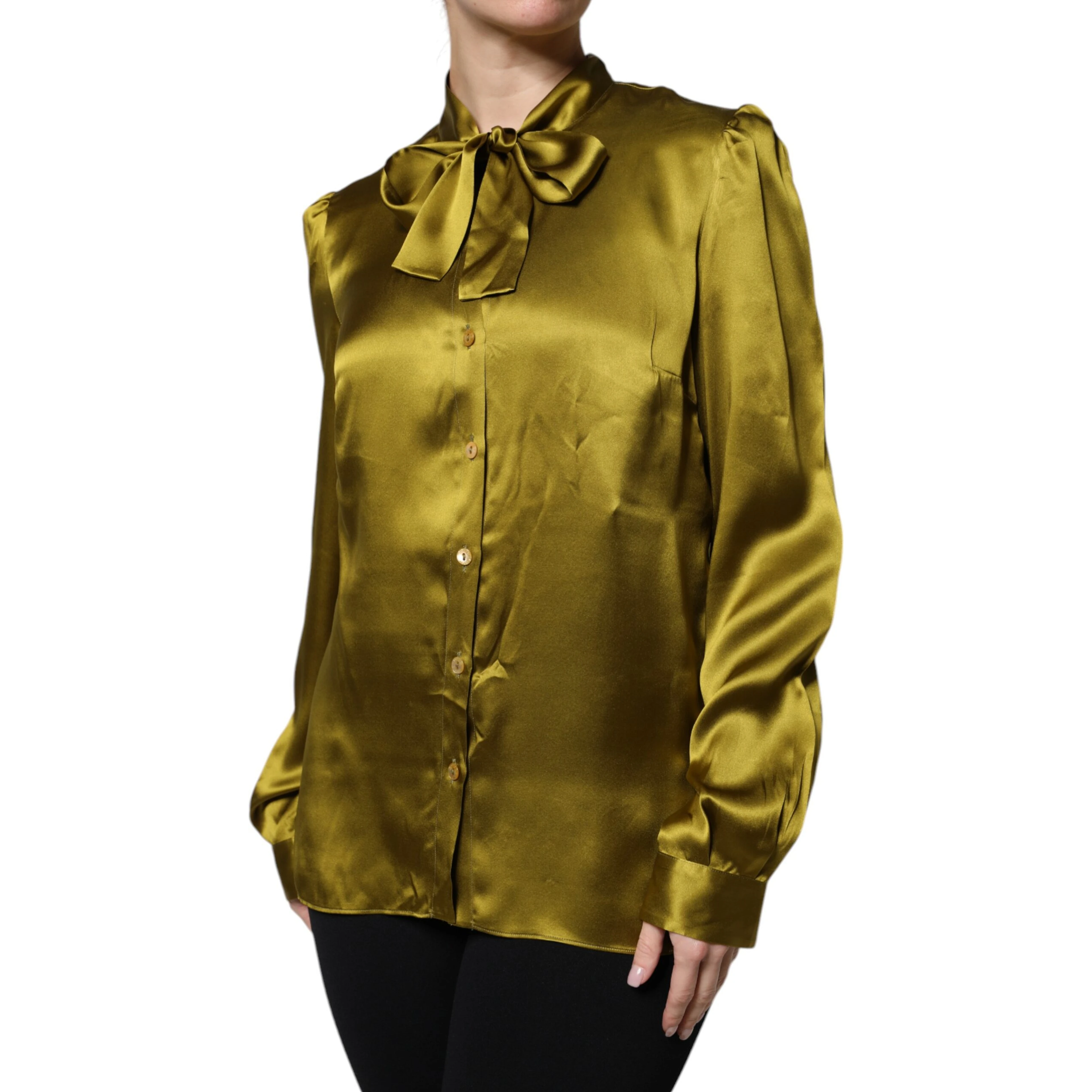 Green Ascot Collar Long Sleeves Blouse Top