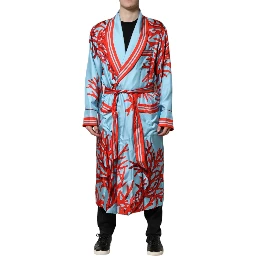 Blue Red Coral Print Wrap Robe Coat Jacket