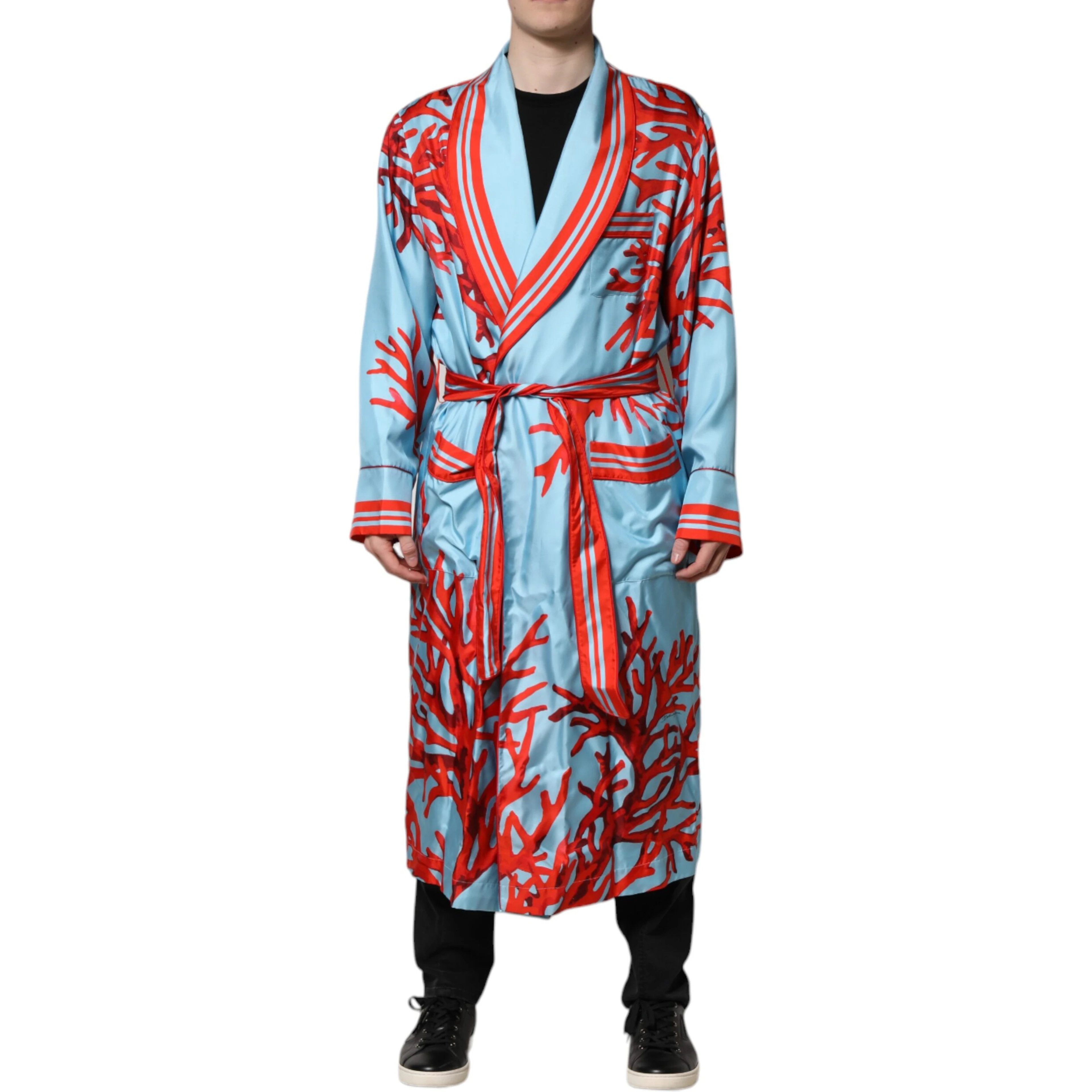 Blue Red Coral Print Wrap Robe Coat Jacket