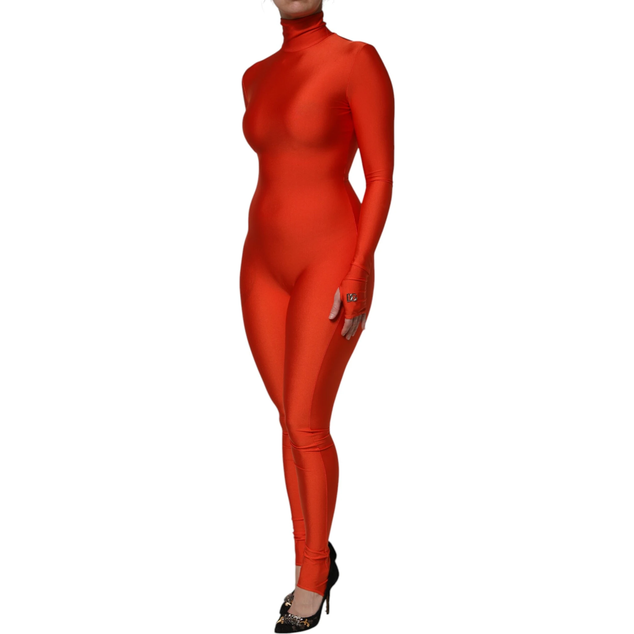 Red Nylon Turtleneck Bodycon Jumpsuit Dress