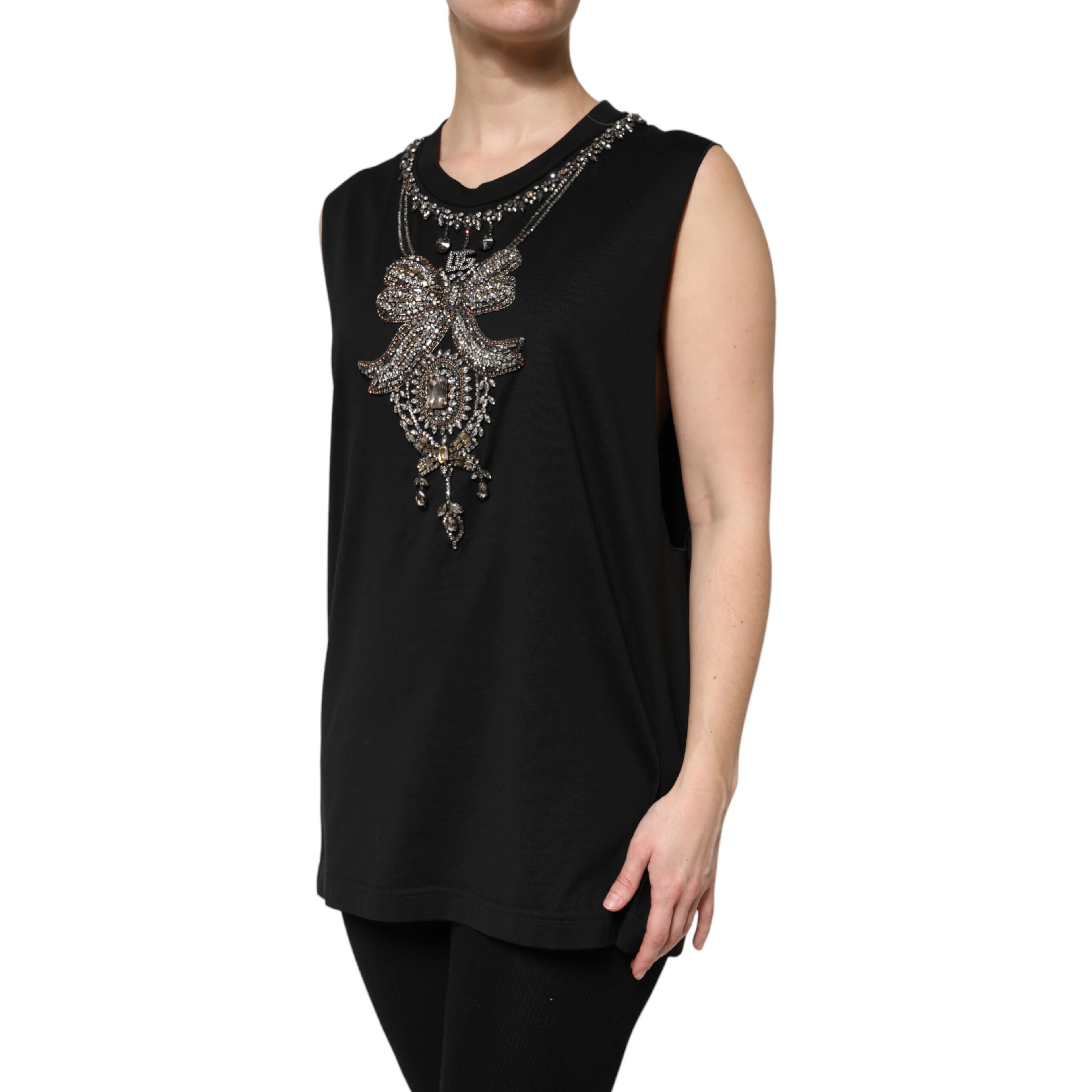 Black Cotton Rhinestone Embellished Tank Top