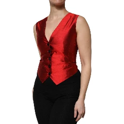 Red Black Button Down Sleeveless Vest Top