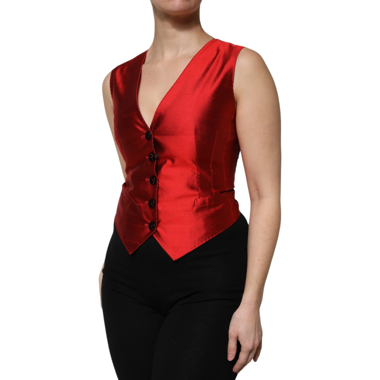 Red Black Button Down Sleeveless Vest Top