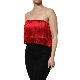 Red Silk Strapless Fringe Crop Tube Top