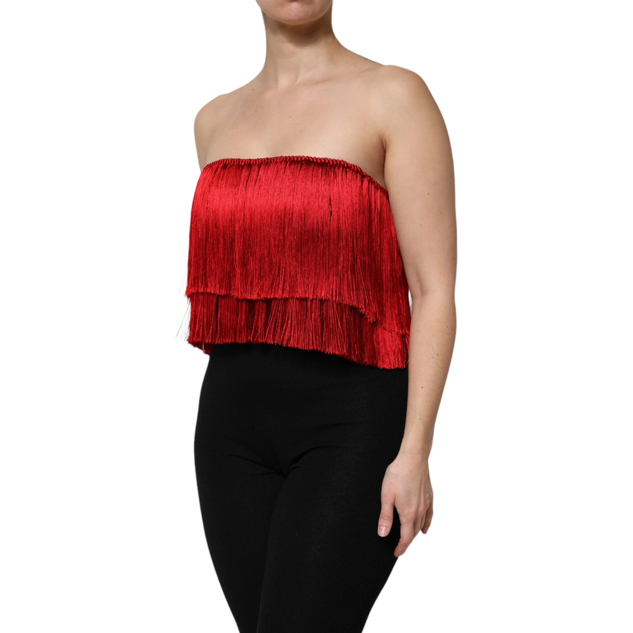 Red Silk Strapless Fringe Crop Tube Top