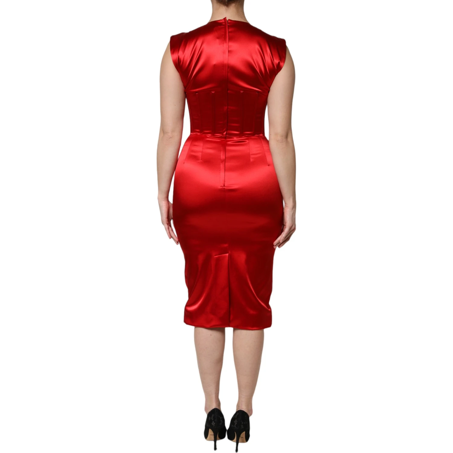 Red Acetate Sleeveless Sheath Midi Dress
