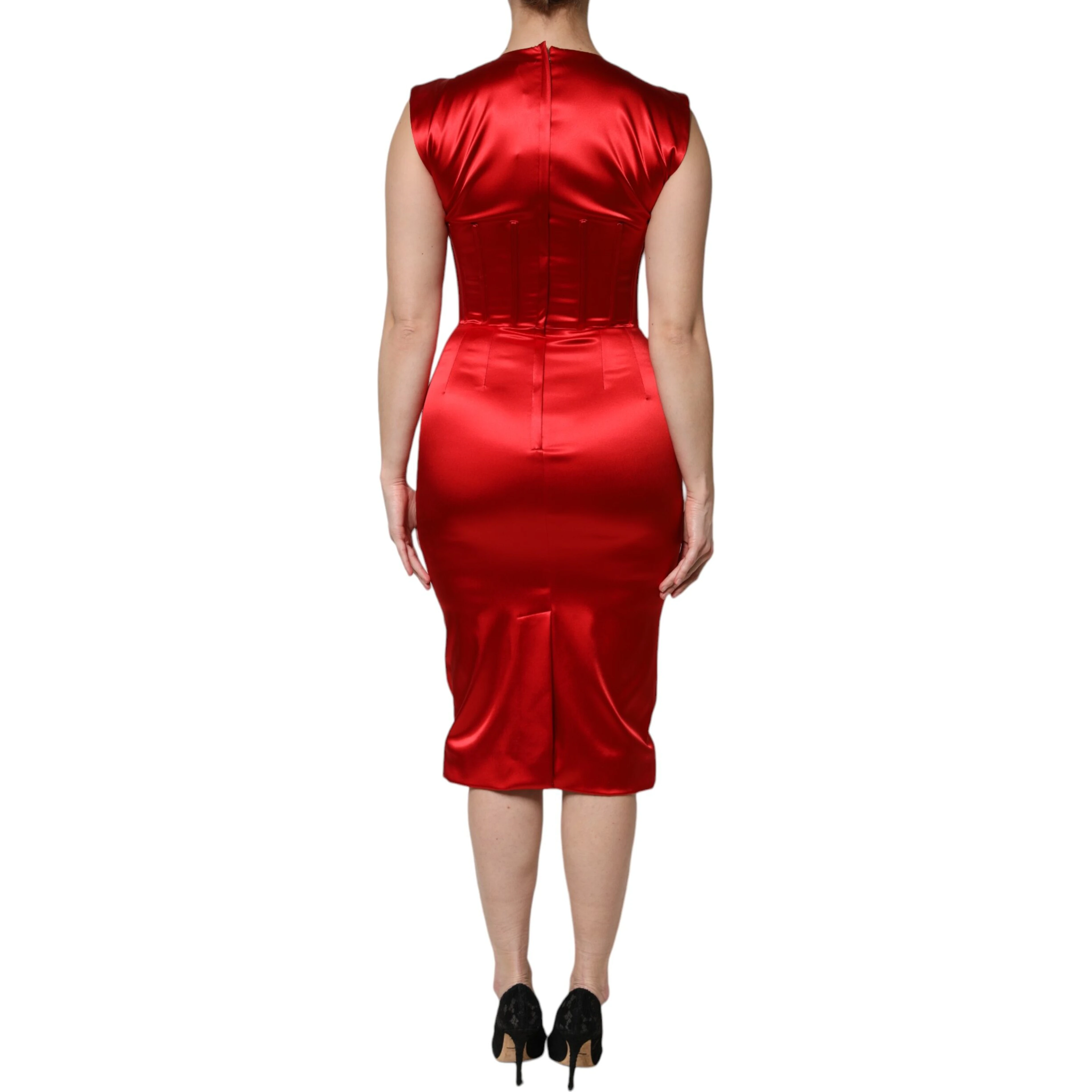 Red Acetate Sleeveless Sheath Midi Dress