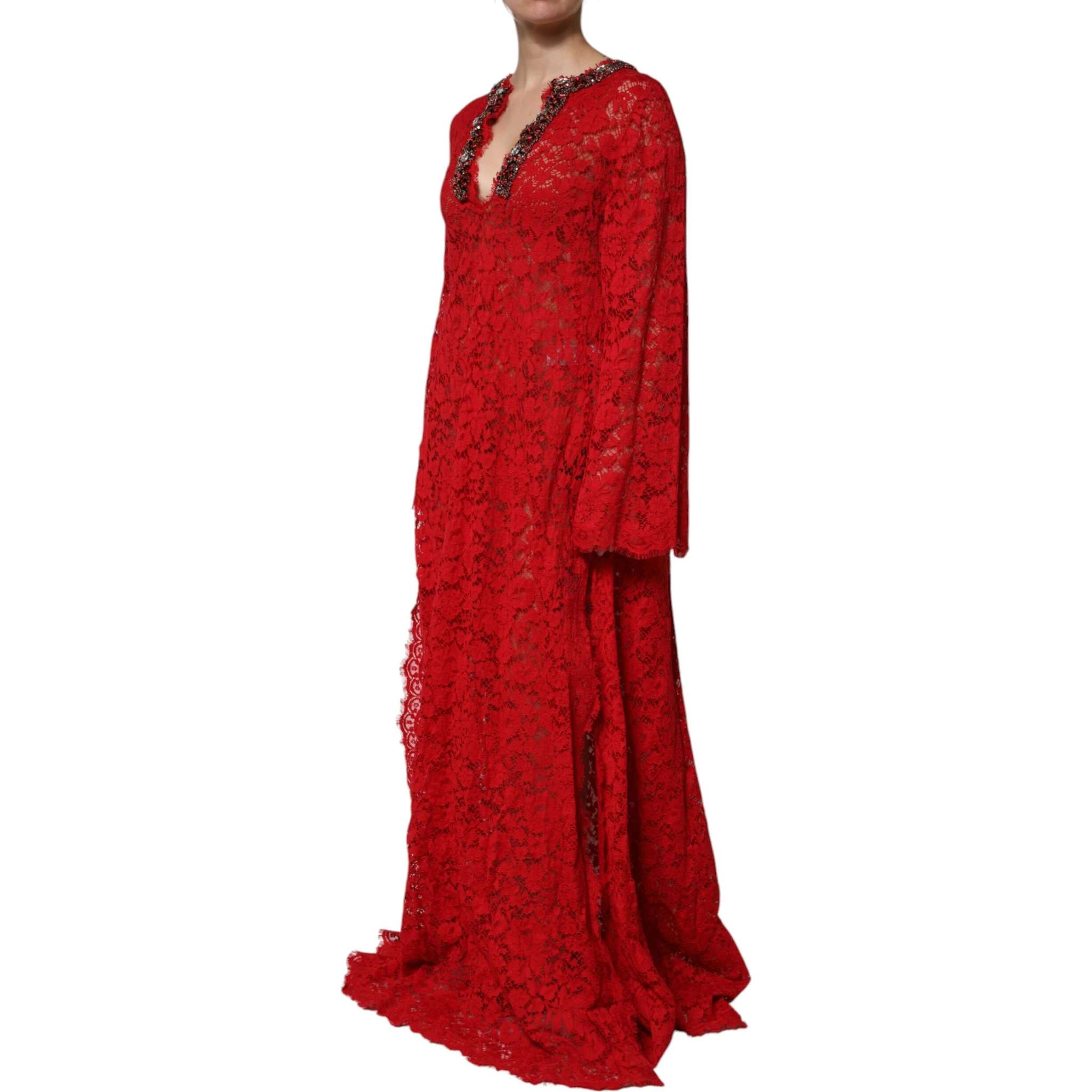 Red Floral Lace Rhinestone Embellished Dress